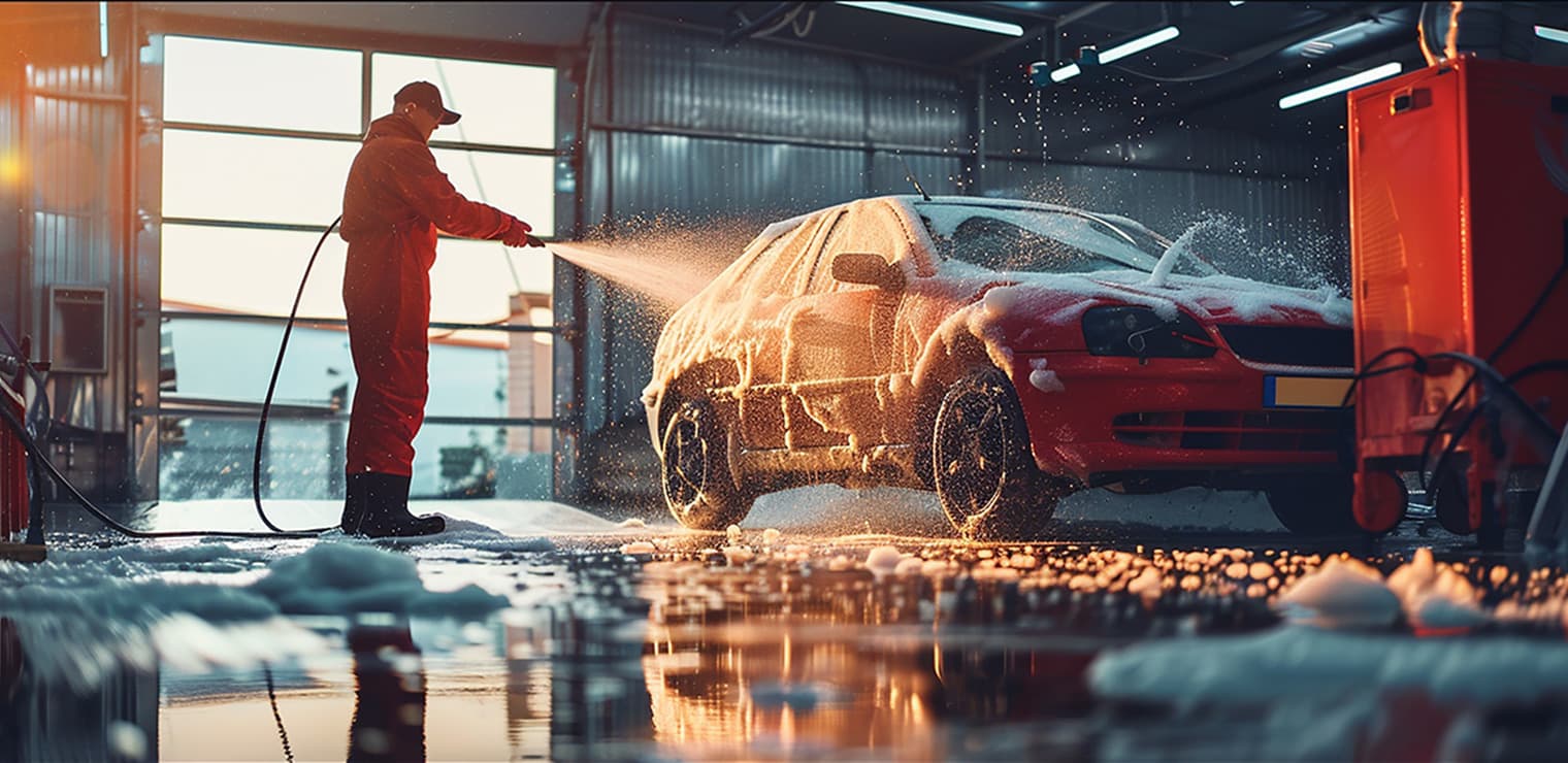 High-pressure rinse spraying down a car windscreen